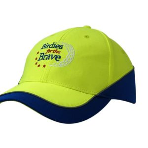 A bright yellow cap with a blue peak and reflective piping, featuring a logo on the front.