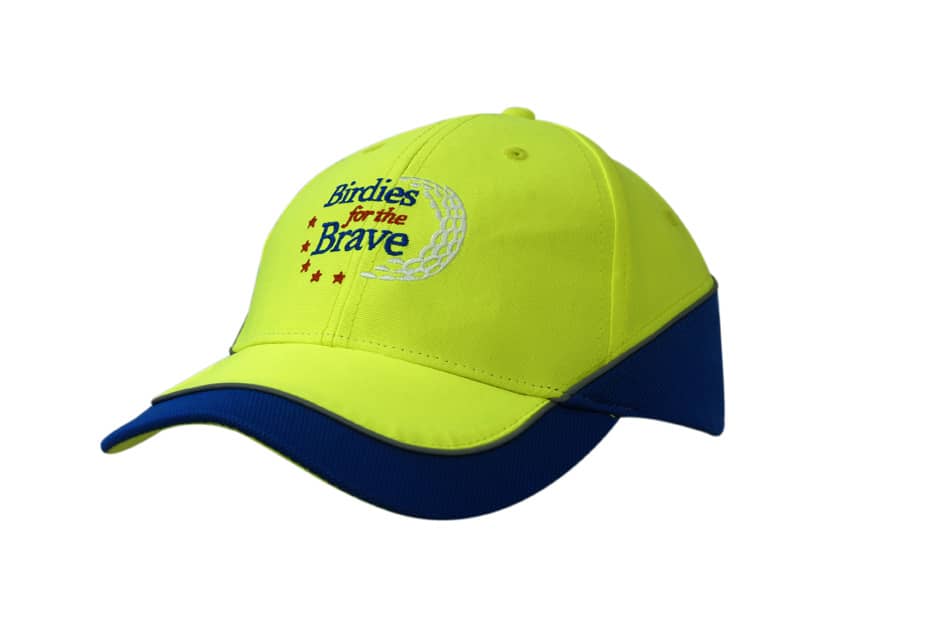 A bright yellow cap with a blue peak and reflective piping, featuring a logo on the front.