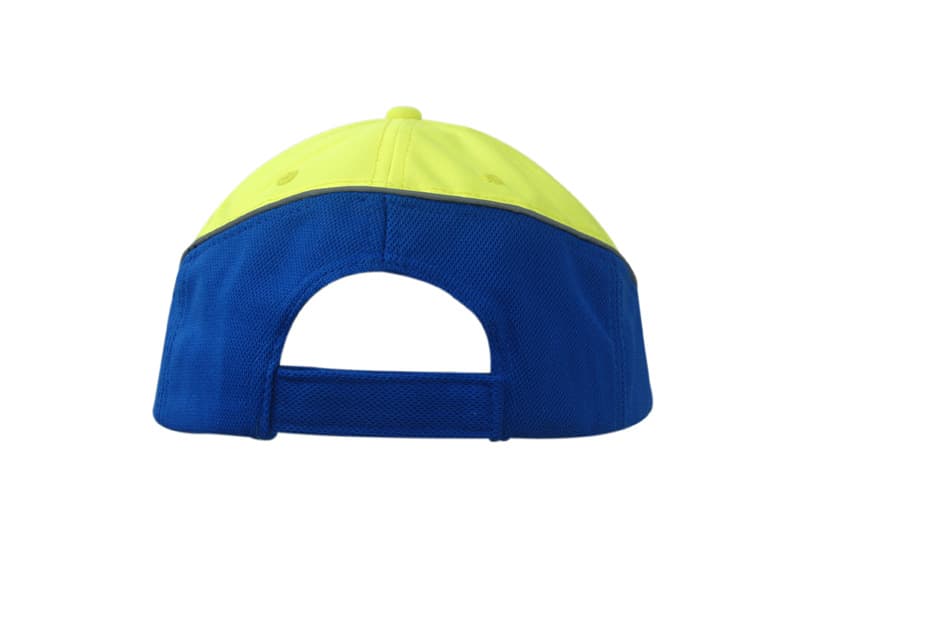 A bright yellow and blue cap featuring reflective piping on the crown and peak, with a rear adjustable strap.