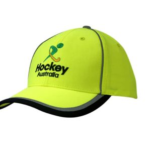 A bright yellow cap with reflective piping and a logo on the front, featuring a curved peak.