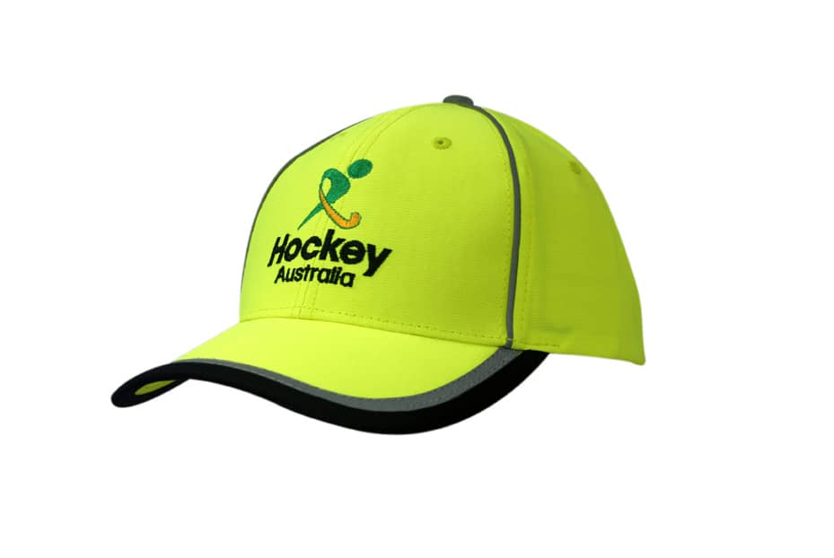 A bright yellow cap with reflective piping and a logo on the front, featuring a curved peak.