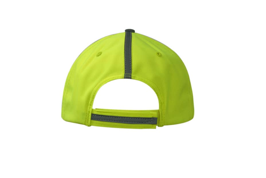 A bright yellow cap with reflective piping on the crown and peak, featuring an adjustable strap at the back.