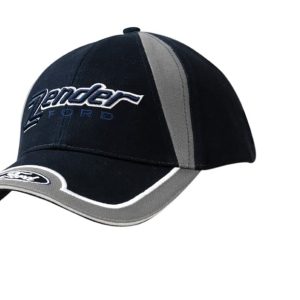 A navy and grey brushed heavy cotton cap featuring a fabric insert on the crown, with embroidery and a logo.