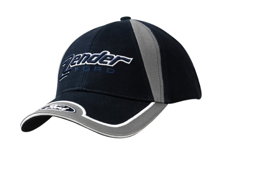 A navy and grey brushed heavy cotton cap featuring a fabric insert on the crown, with embroidery and a logo.