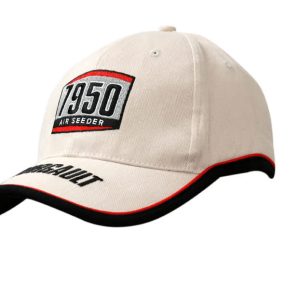 A beige cap featuring a logo and black trim with red piping on the peak.