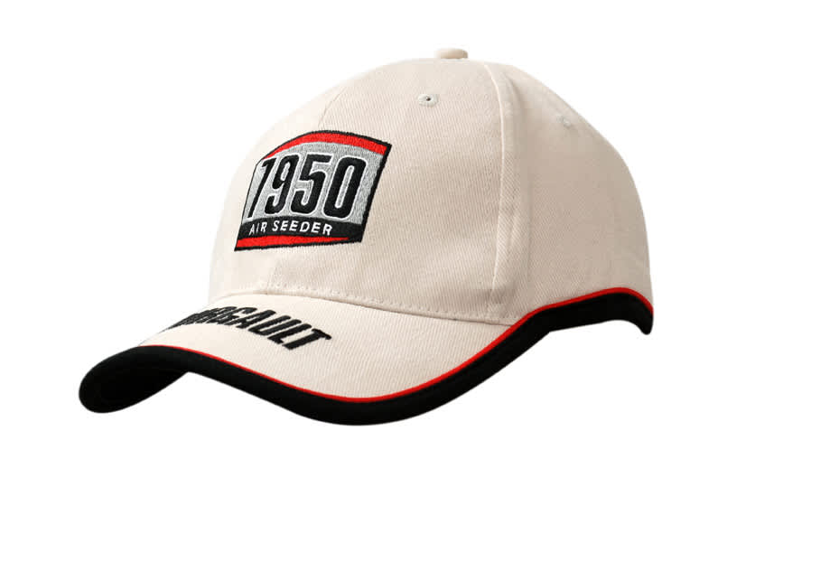 A beige cap featuring a logo and black trim with red piping on the peak.