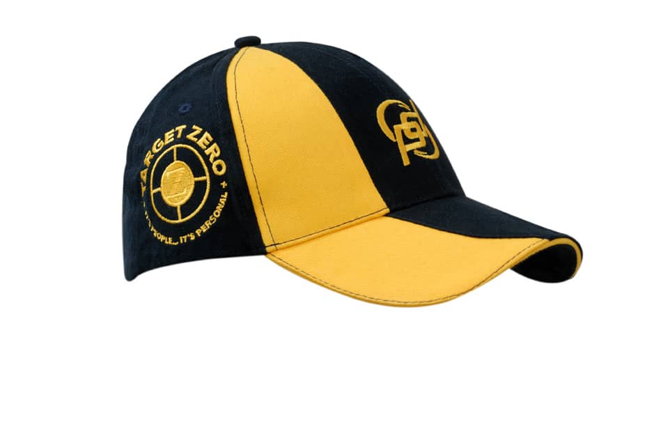 A black and yellow cap with sandwich trim and a fabric insert on the crown and peak, featuring a logo.