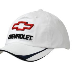 A white cotton twill cap featuring sandwich trim and embroidered lines, with a logo on the front.
