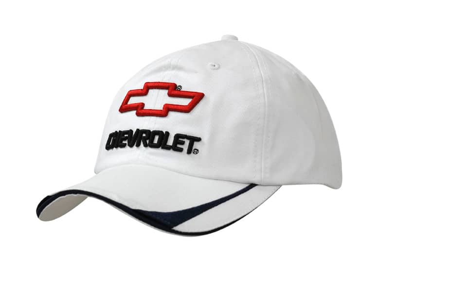 A white cotton twill cap featuring sandwich trim and embroidered lines, with a logo on the front.