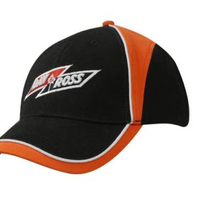 A black cap with orange inserts and piping, featuring a logo on the front.