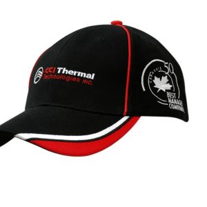 A black cap with red crown piping and peak trim, featuring an embroidered logo.