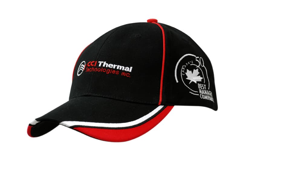 A black cap with red crown piping and peak trim, featuring an embroidered logo.