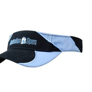 A black and light blue visor with fabric inserts and embroidery, featuring a logo on the front.