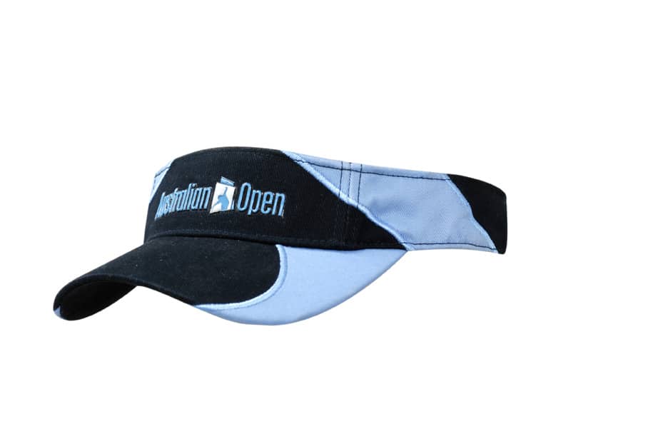 A black and light blue visor with fabric inserts and embroidery, featuring a logo on the front.