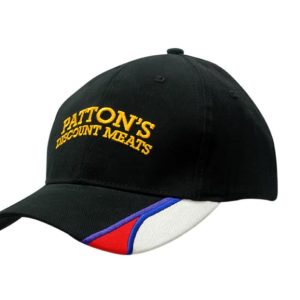 A black brushed heavy cotton cap featuring peak inserts and embroidery, with a colourful logo on the peak.