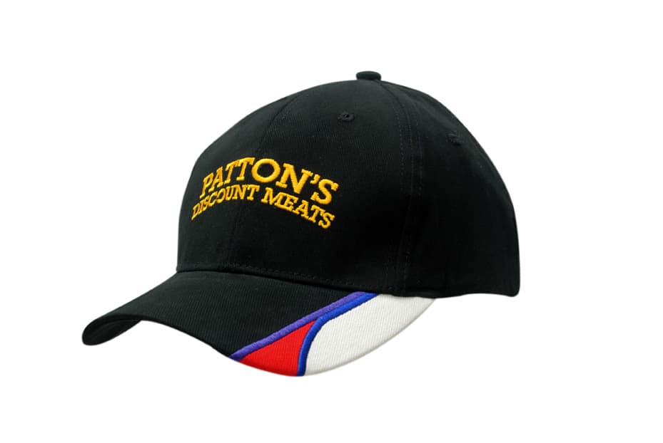 A black brushed heavy cotton cap featuring peak inserts and embroidery, with a colourful logo on the peak.