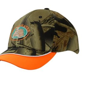 Leaf camouflage cap featuring a peak indent and piping, primarily in green with an orange brim and an emblem.