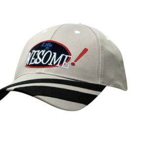 A beige cap featuring peak fabric stripes and a logo with text.