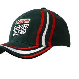 A dark green cap with sandwich trim and embroidered lines on the crown and peak, featuring a logo.