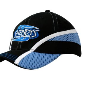 Brushed cotton cap in black and light blue with mesh inserts and fabric stripes, featuring a logo on the front.