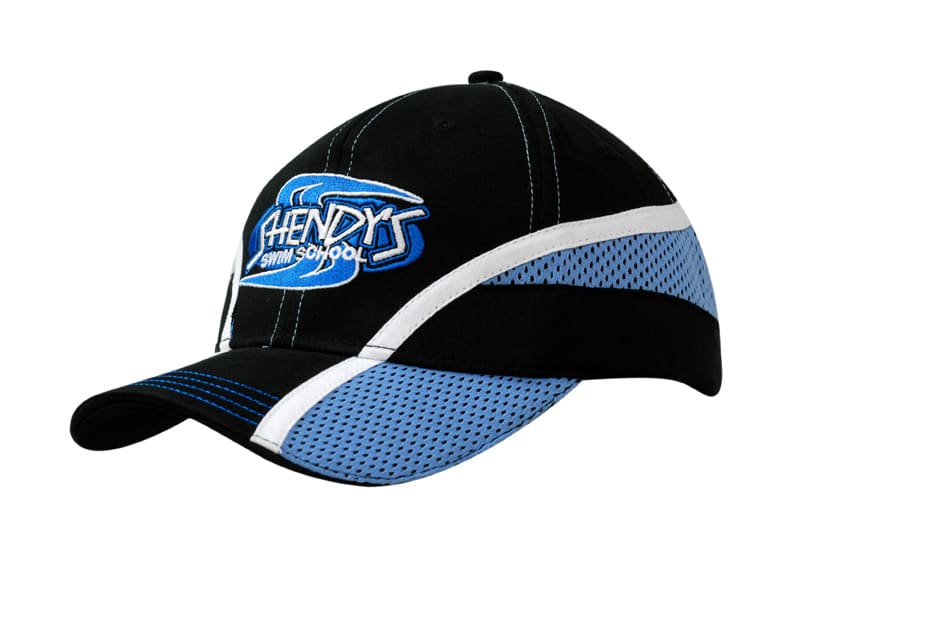 Brushed cotton cap in black and light blue with mesh inserts and fabric stripes, featuring a logo on the front.