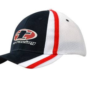 A black and white cap featuring a mesh back and red stripes on the crown and peak, with a logo on the front.