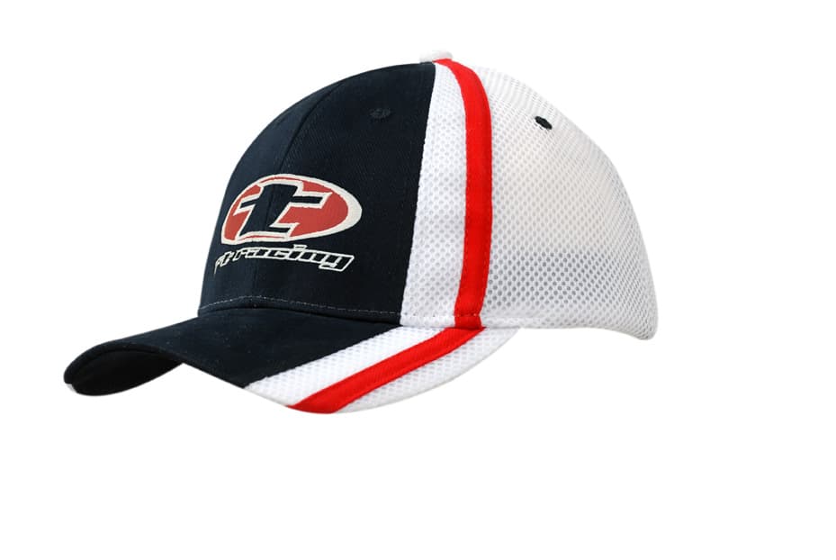 A black and white cap featuring a mesh back and red stripes on the crown and peak, with a logo on the front.