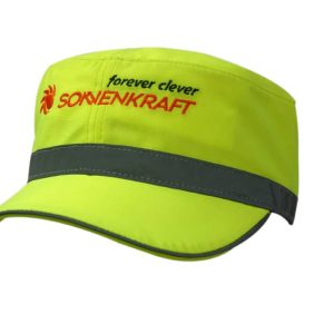 A bright yellow military cap featuring reflective trim and a logo on the front.
