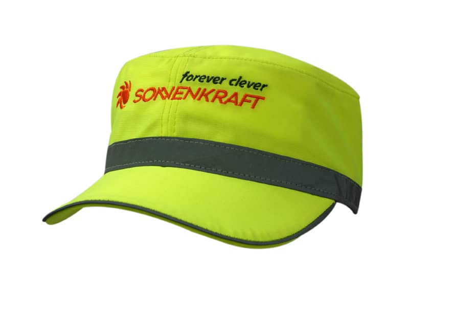 A bright yellow military cap featuring reflective trim and a logo on the front.