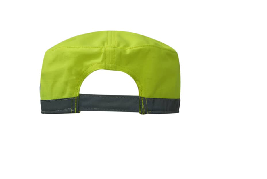 A bright yellow cap featuring a reflective crown trim and an open sandwich design, with a logo on the side.