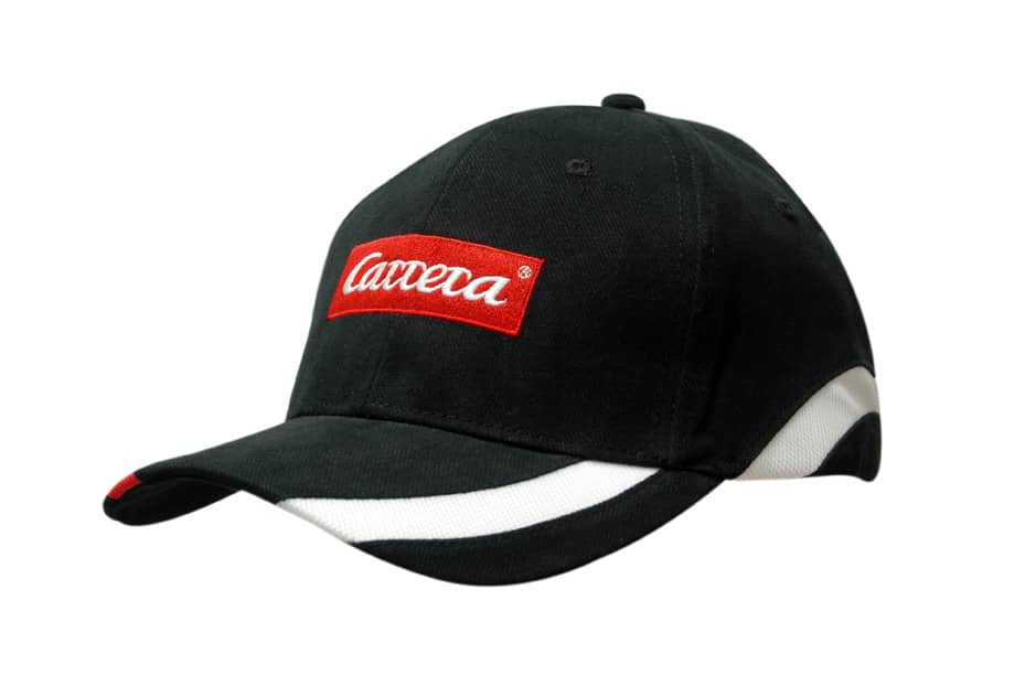 A black cap featuring a red logo and white accents, designed with peak and crown mesh inserts.