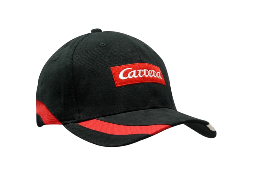 A black cap with red mesh inserts and a logo on the front. Features a curved peak and adjustable strap.