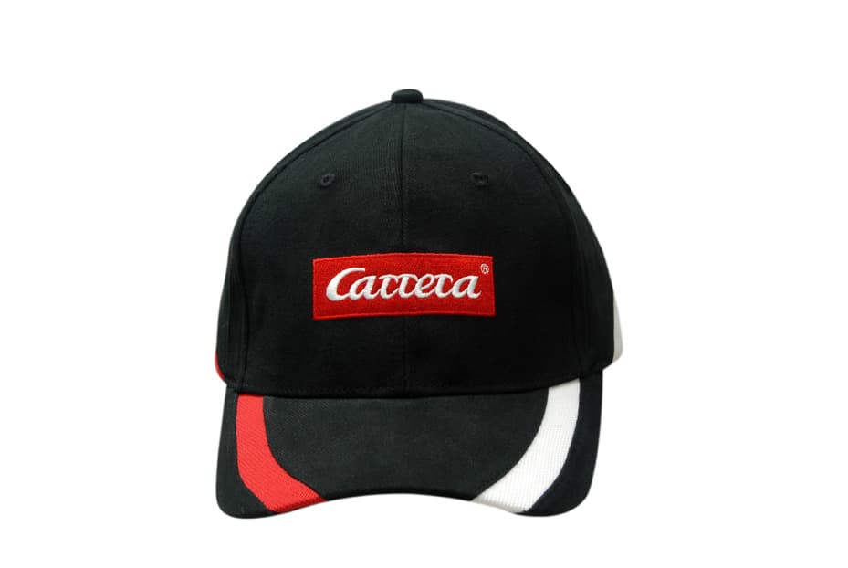 A black cap with a red logo and peak, featuring crown mesh inserts in red, white, and black.