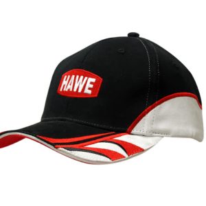 A black cotton cap with red and white trim, featuring a logo on the front and contrasting peak and crown inserts.