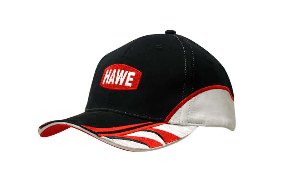 A black cotton cap with red and white trim, featuring a logo on the front and contrasting peak and crown inserts.