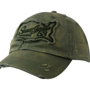 A green chino twill cap with distress marks on the crown and peak, featuring a logo on the front.