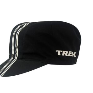 A black microfibre cycling cap with white stripes and a branding logo on the side.