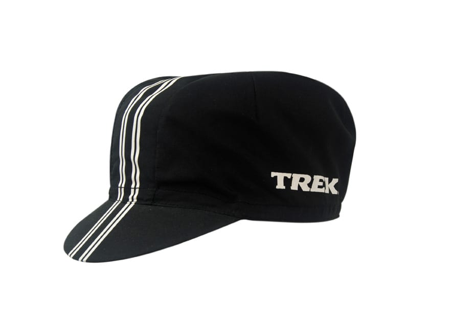 A black microfibre cycling cap with white stripes and a branding logo on the side.