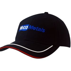 A black brushed heavy cotton cap featuring sandwich trim and piping on the peak, with a logo on the front.
