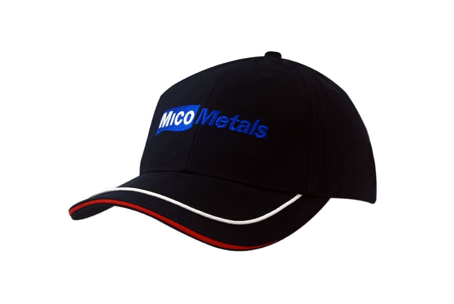 A black brushed heavy cotton cap featuring sandwich trim and piping on the peak, with a logo on the front.