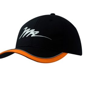 A black cap with an orange peak trim and piping, featuring a logo on the front.
