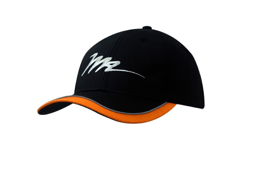 A black cap with an orange peak trim and piping, featuring a logo on the front.