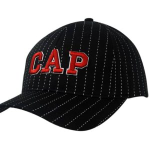 A black cotton cap with pinstripes and a red embroidered logo, featuring filter mesh lining.