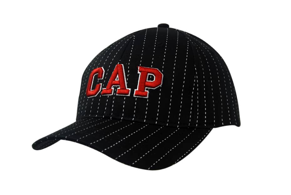 A black cotton cap with pinstripes and a red embroidered logo, featuring filter mesh lining.