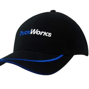 A black cap with sandwich trim, featuring blue accents and an embroidered logo.