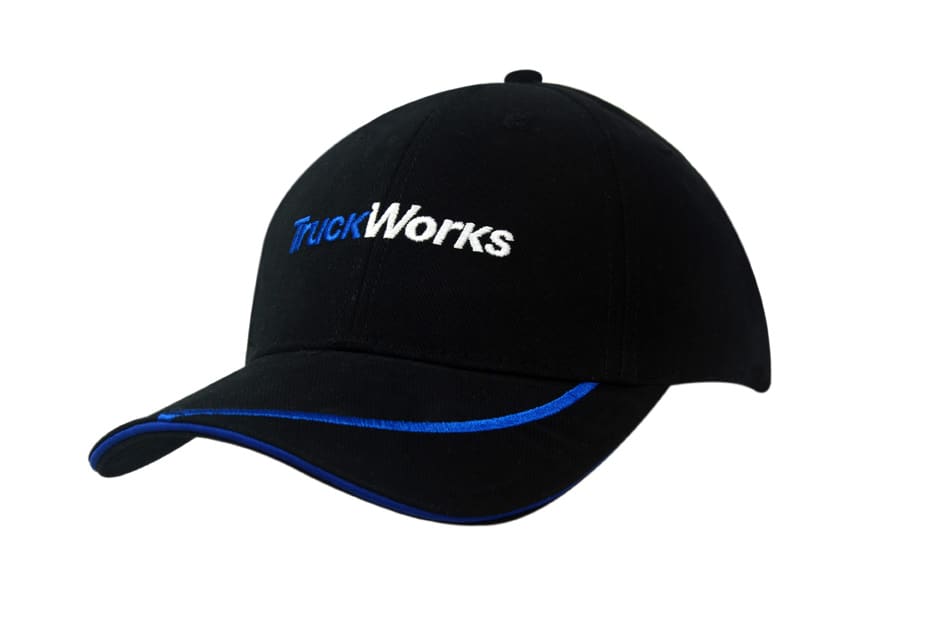 A black cap with sandwich trim, featuring blue accents and an embroidered logo.