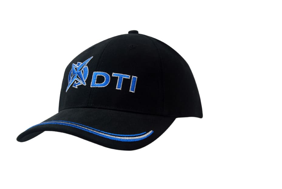 A black brushed heavy cotton cap featuring peak embroidered lines and a logo on the front.
