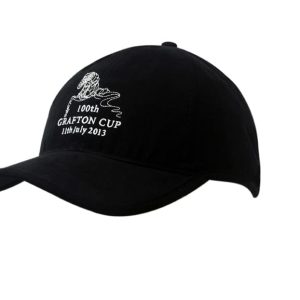 A black cap with a peak, featuring a logo and embroidered text on the front.
