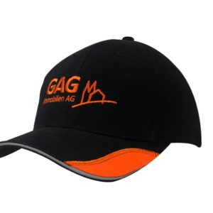 A black cap with an orange reflective peak insert and embroidered logo. Features a stylish design suitable for promotional use.