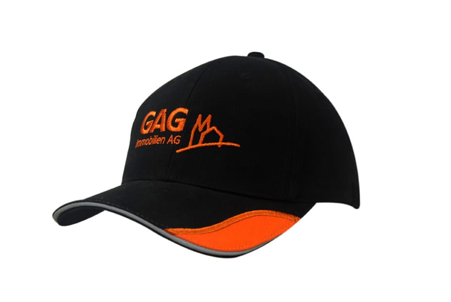 A black cap with an orange reflective peak insert and embroidered logo. Features a stylish design suitable for promotional use.